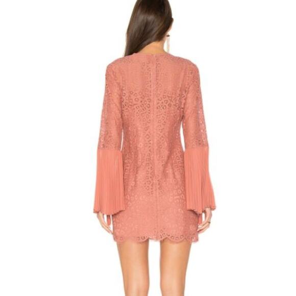 KEEPSAKE Lace Pleated Sleeve Mini Dress in Cinnamon Revolve Long Bell Sleeves - Picture 3 of 10